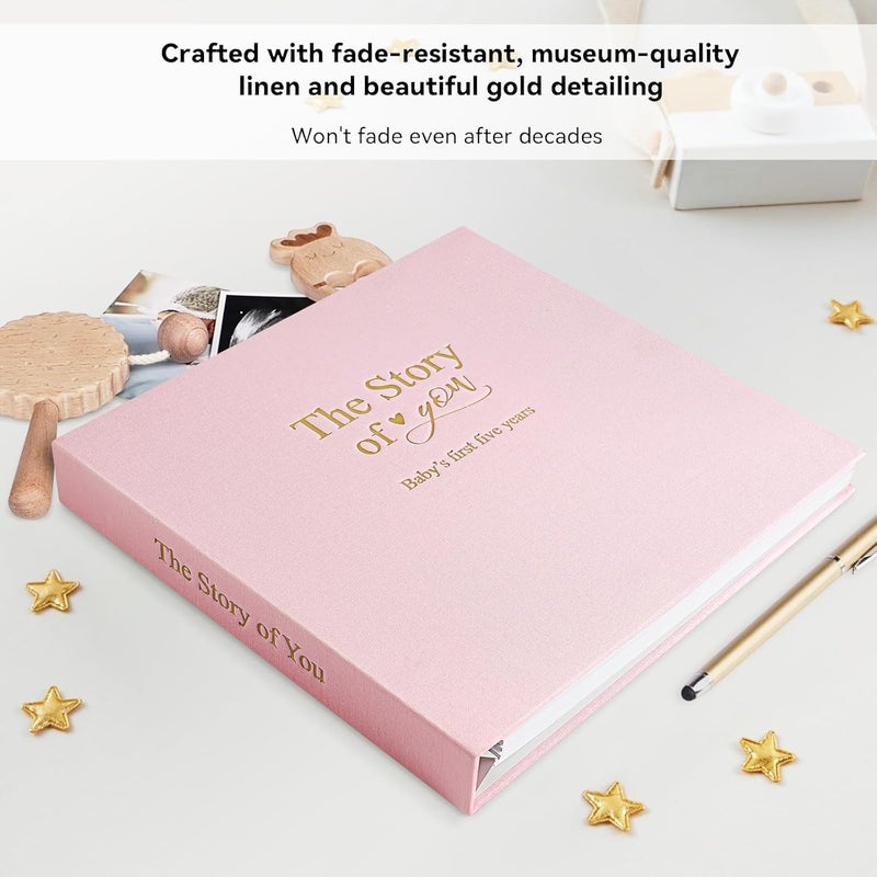 1DOT2 Timeless First 5 Years Keepsake Baby Memory Book for Boy or Girl, Luxury Linen Cover Acid Free Pages, Neutral Baby Journal Milestone Book or Scrapbook, Record the Story of You from Birth to Age 5 - Image 2